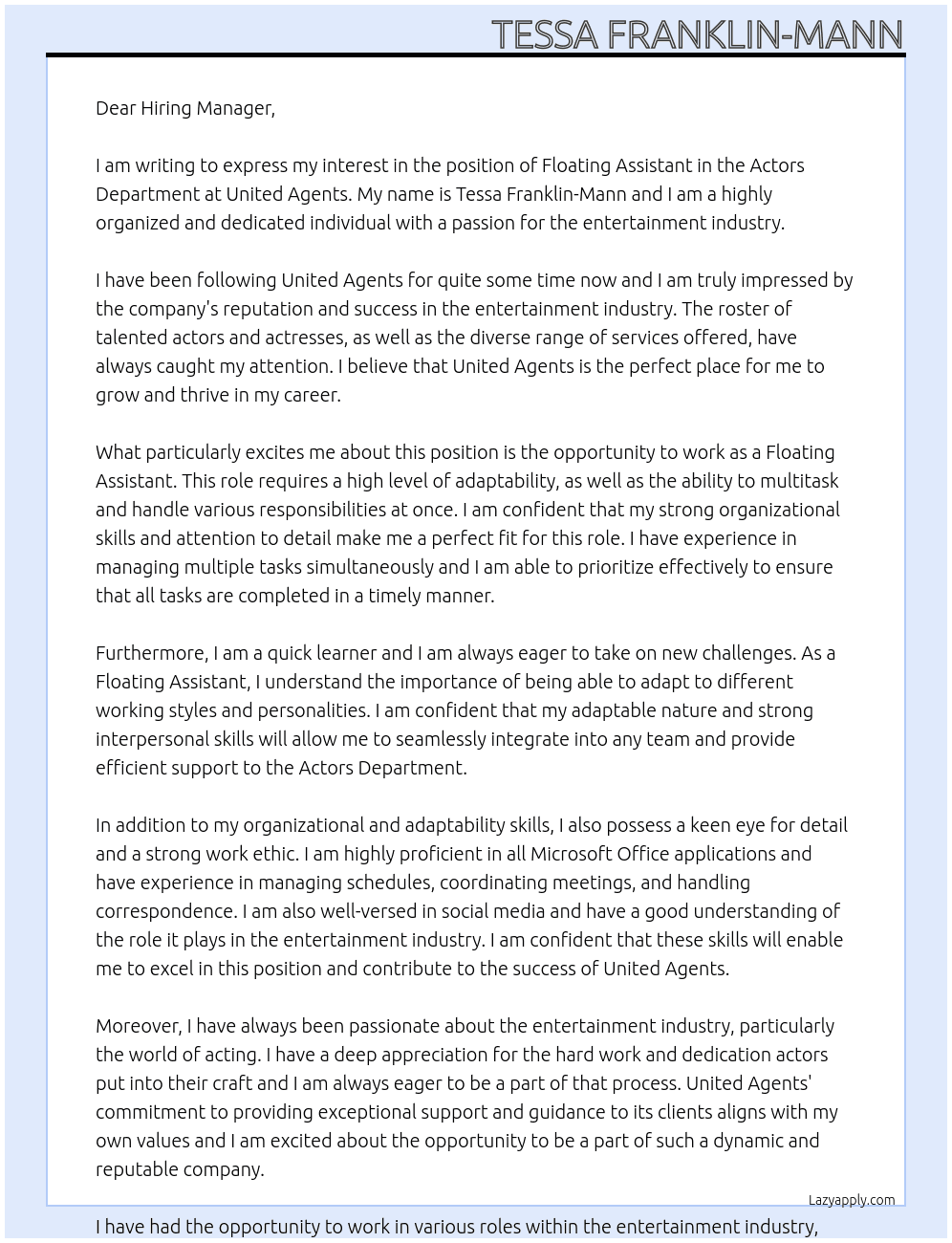 Floating assistant - Actors Department At United Agents Cover Letter