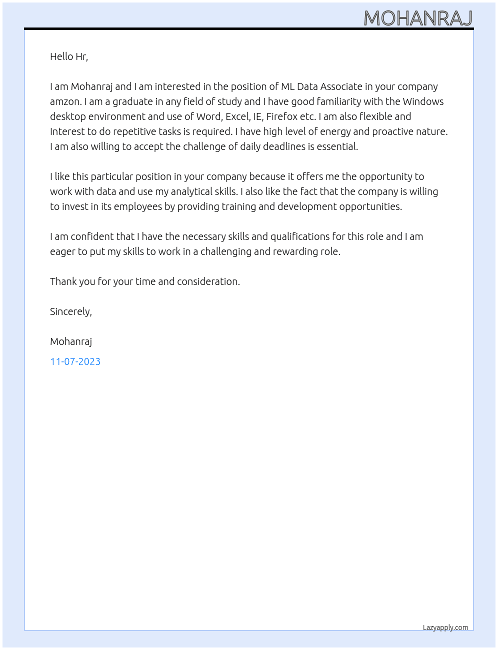 ML Data Associate  At amzon Cover Letter