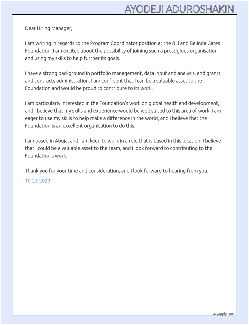 Program Coordinator At Bills and Belinda Gates Foundation Cover Letter