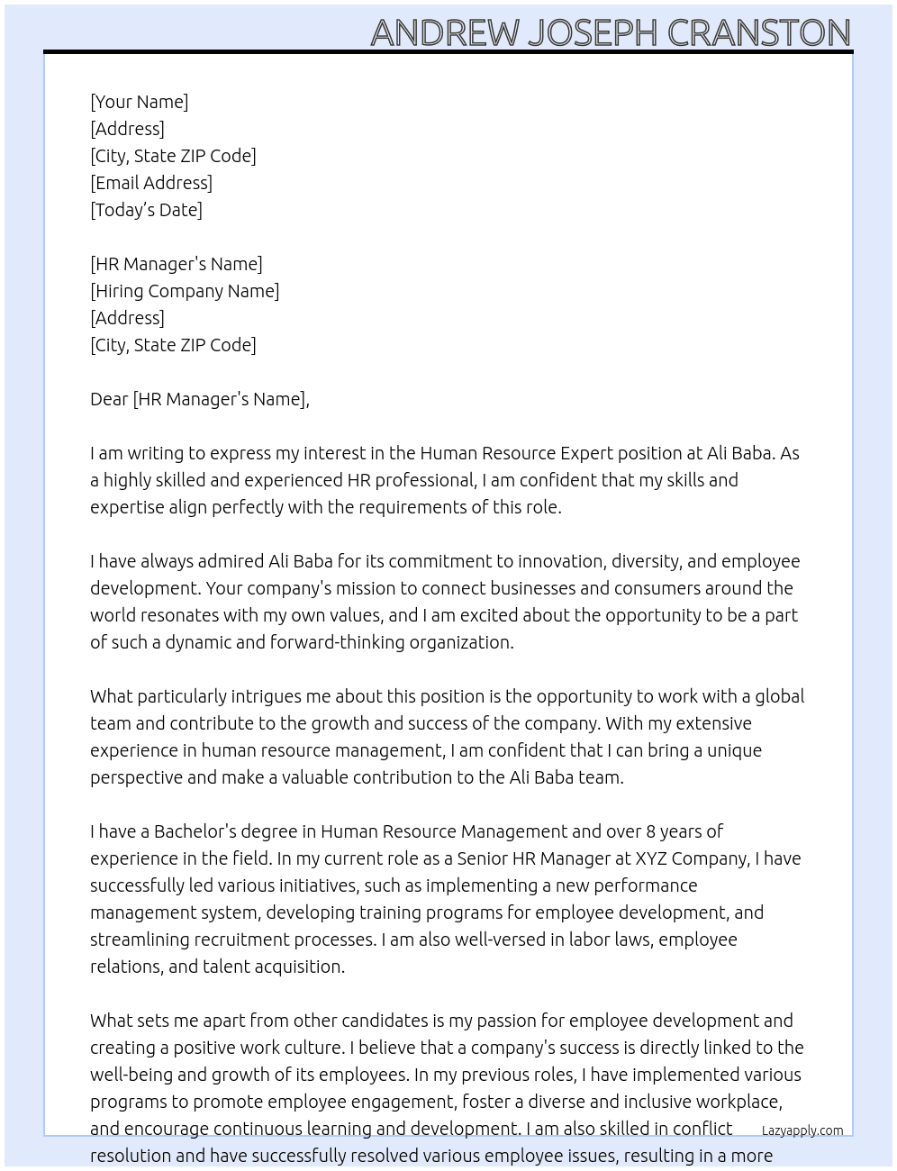 Human Resource Expert At ali baba Cover Letter