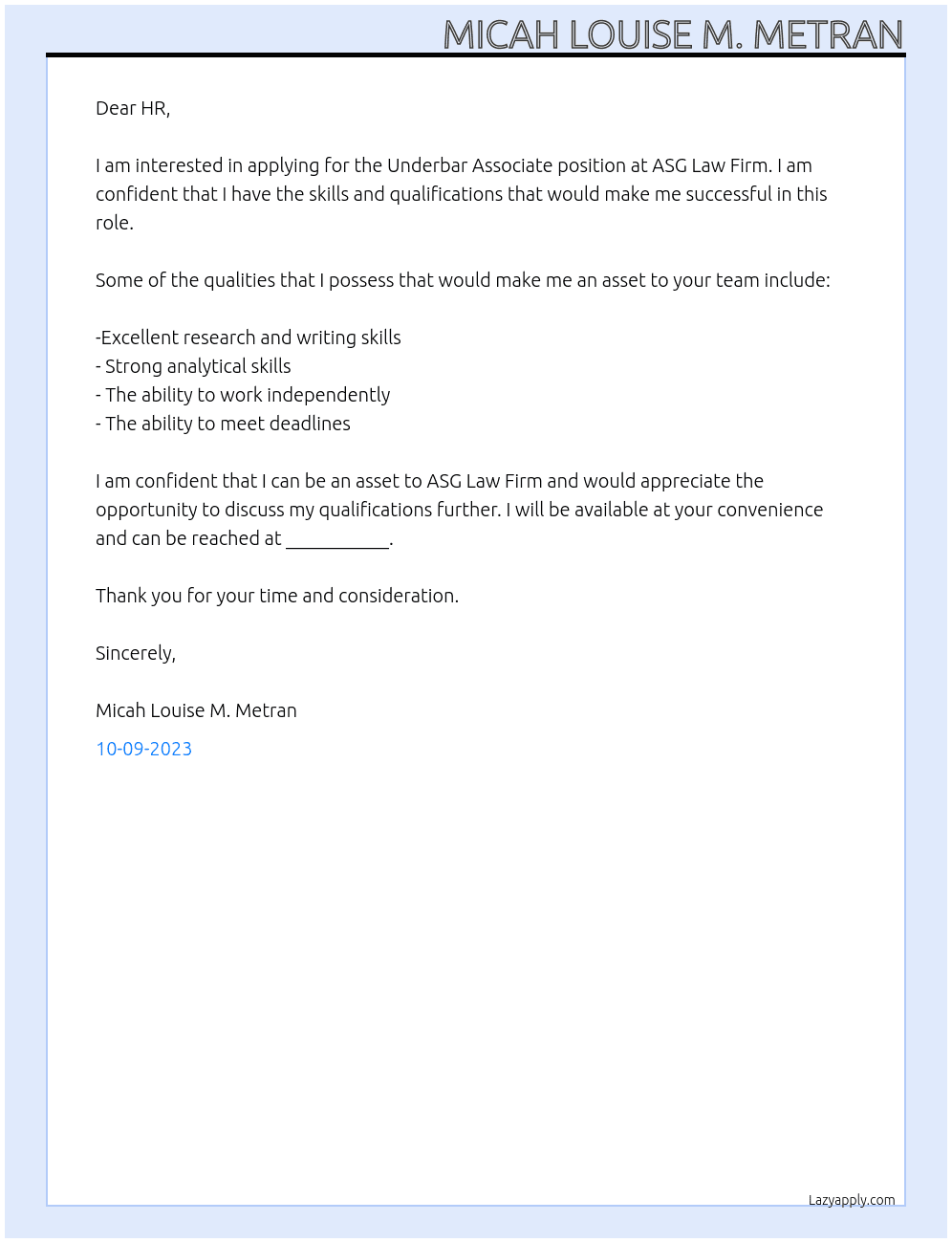 Underbar Associate At ASG Law Firm Cover Letter