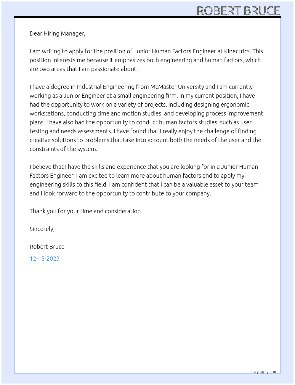 Junior Human Factors Engineer At Kinectrics Cover Letter