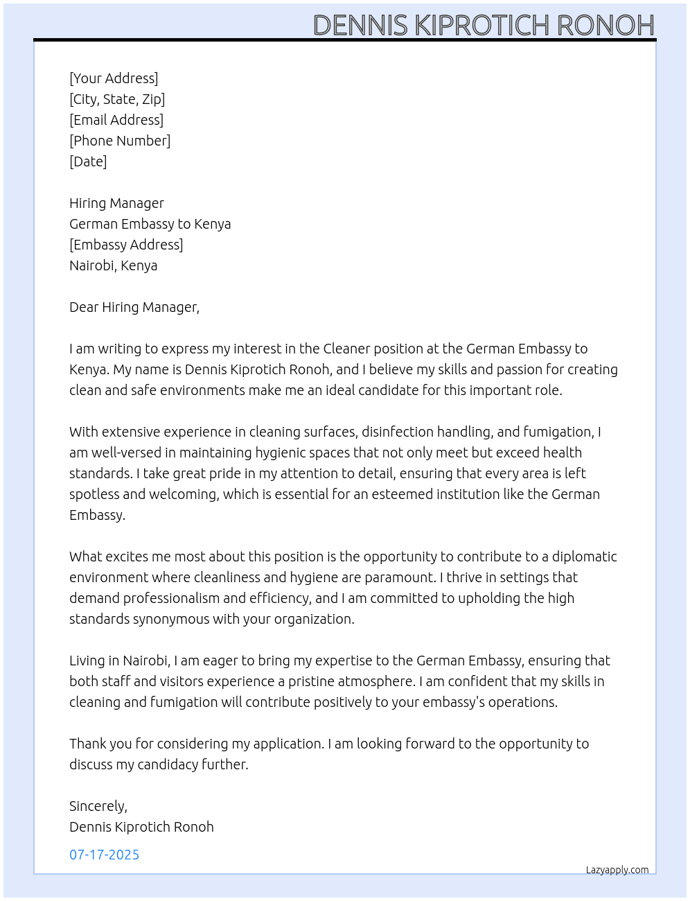 Cleaner  At German Embassy to kenya Cover Letter