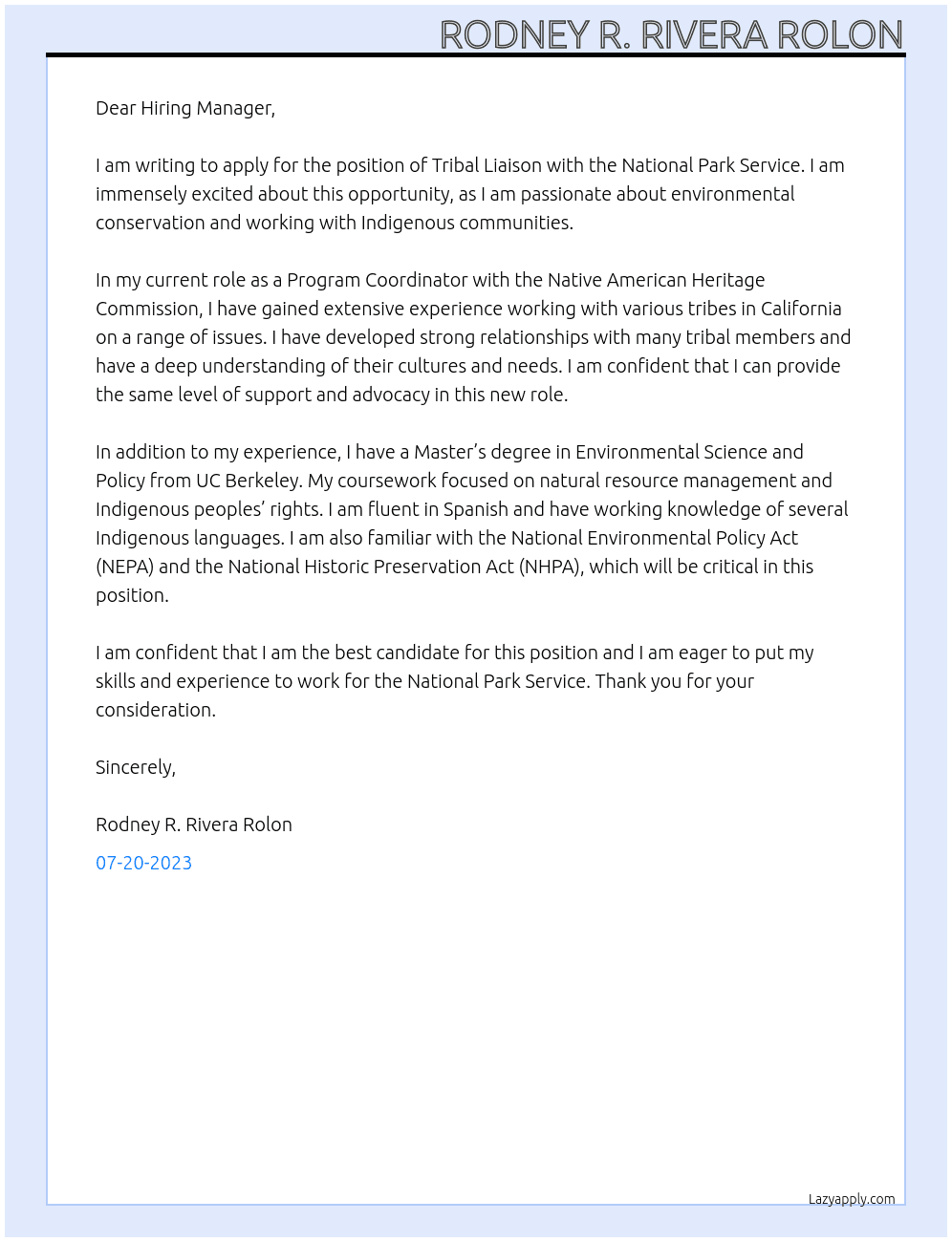 Tribal Liaison At National Park Service Cover Letter