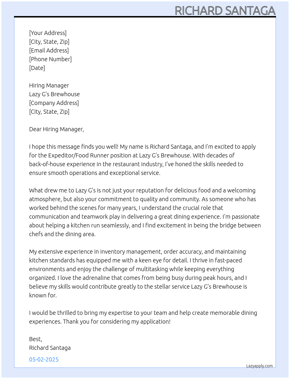 Expeditor/Food Runner At Lazy G’s Brewhouse Cover Letter