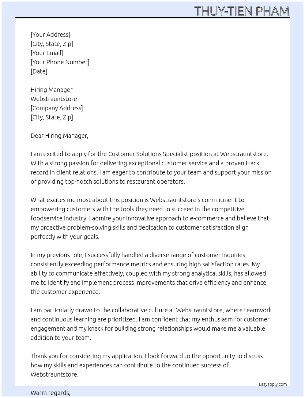 Customer Solutions Specialist At Webstrauntstore Cover Letter
