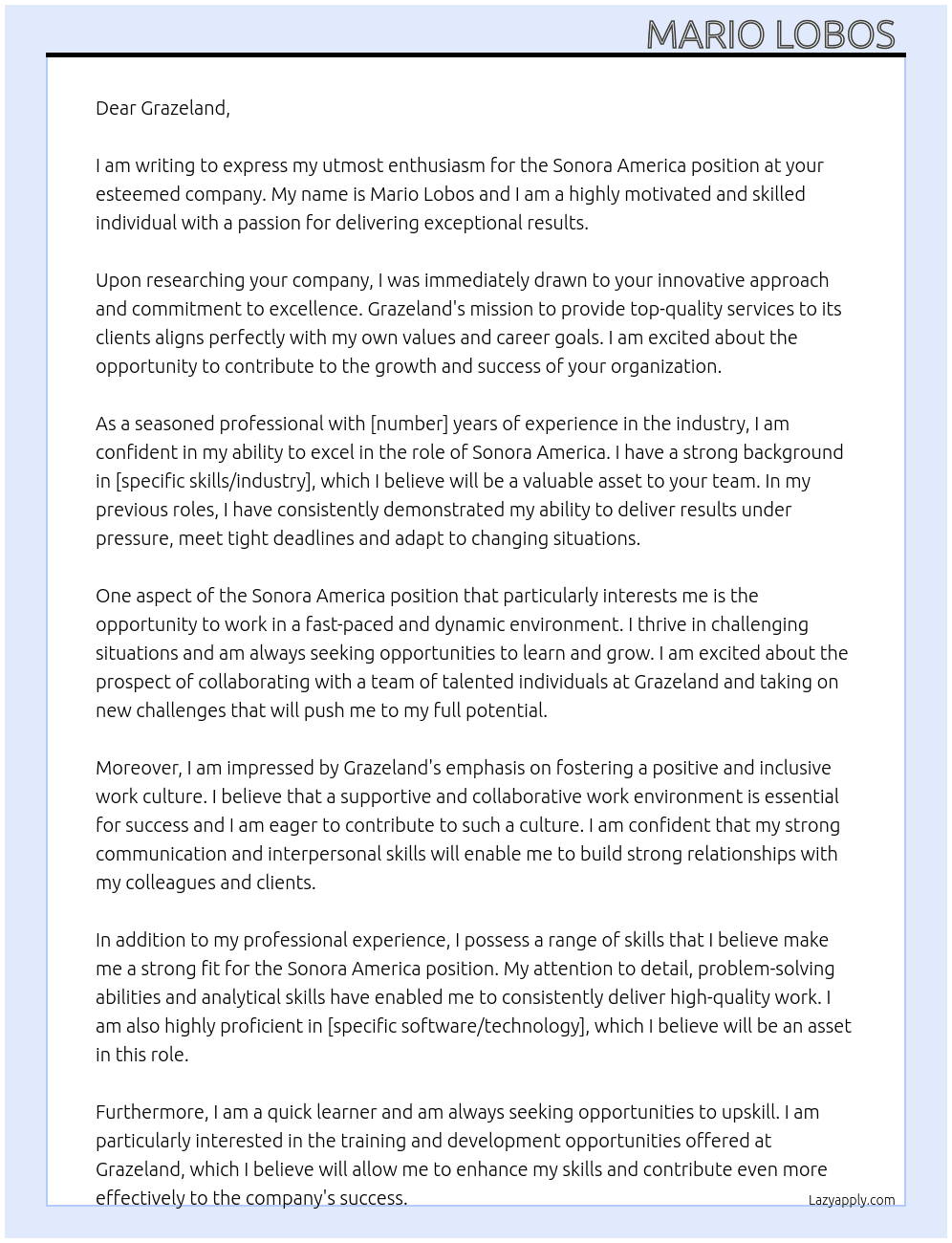 Sonora America At Grazeland Cover Letter
