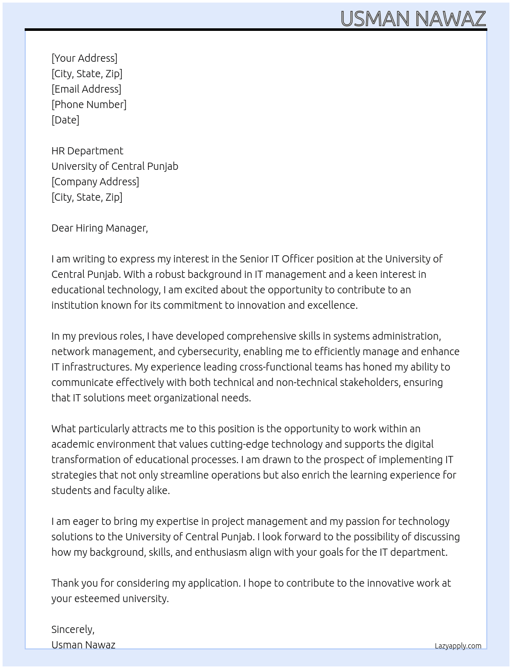 Senior IT Officer At University of central punjab Cover Letter