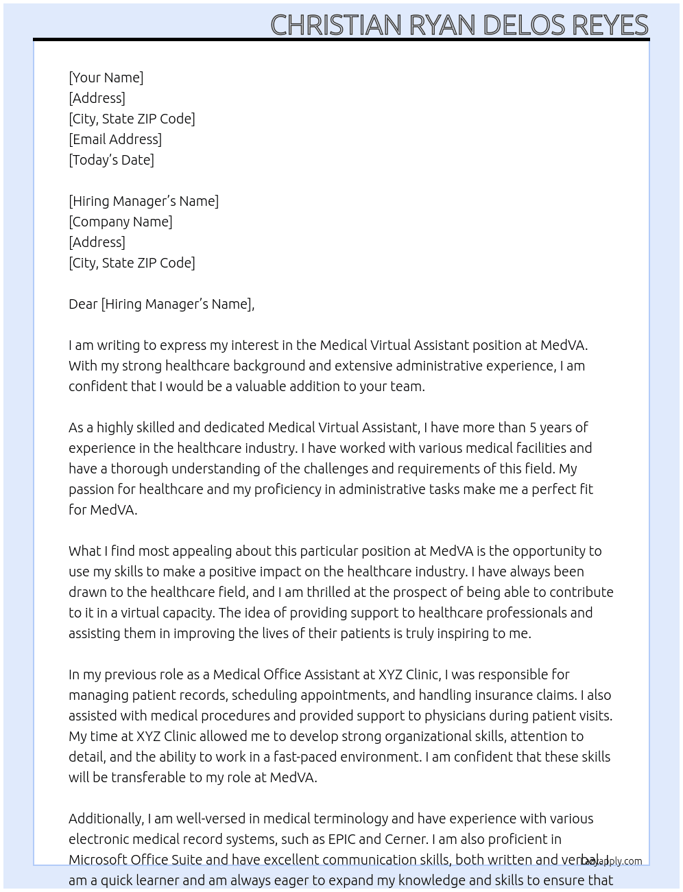 Medical Virtual Assistant - Healthcare At MedVA Cover Letter