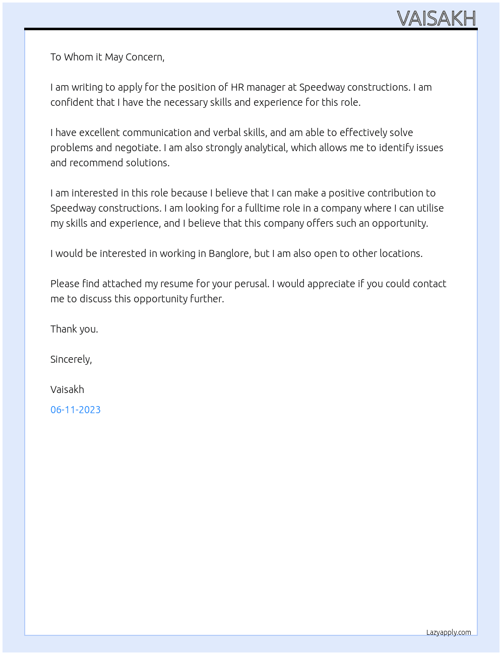 HR manager At Speedway constructions Cover Letter