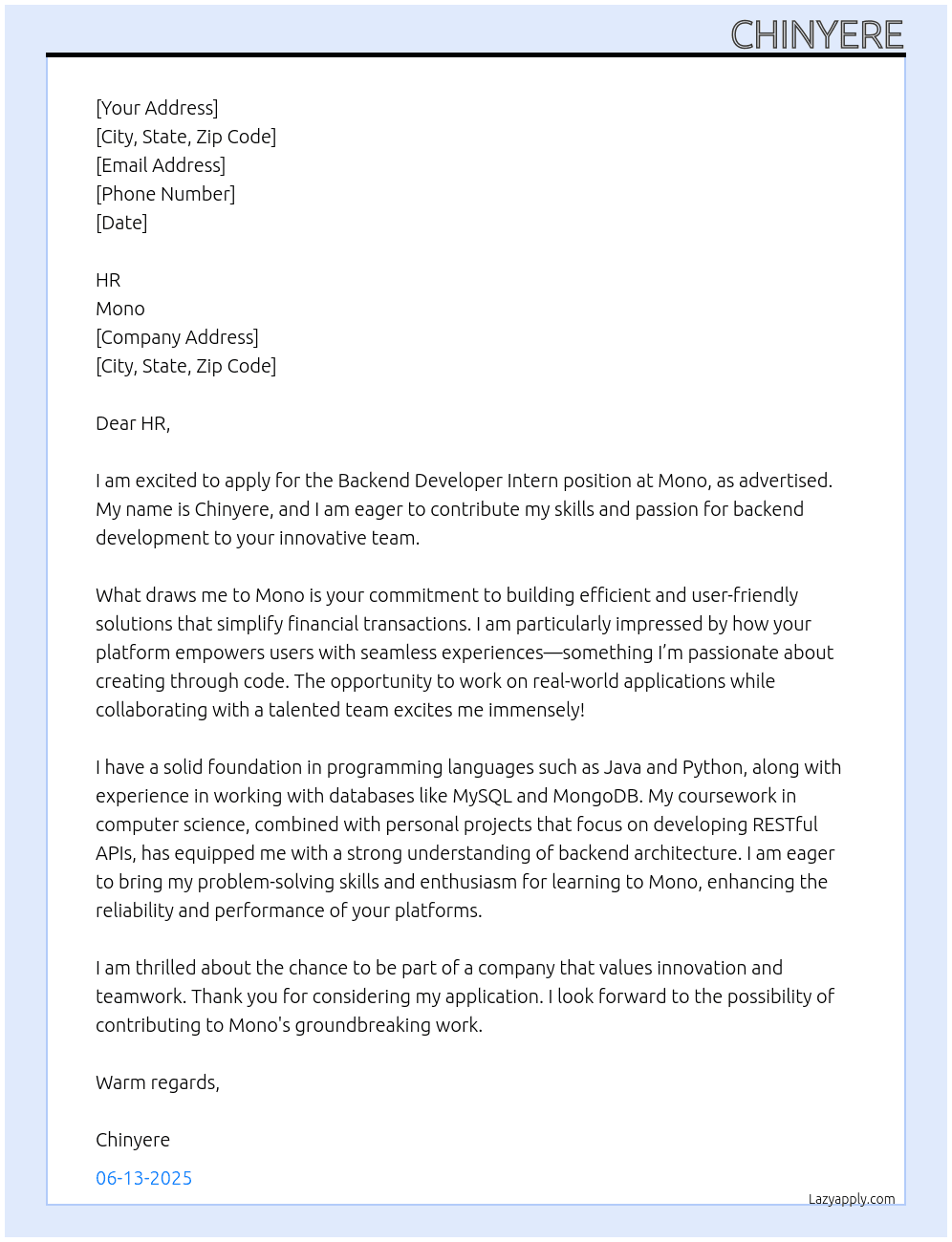 Cover letter for backend developer intern - LazyApply