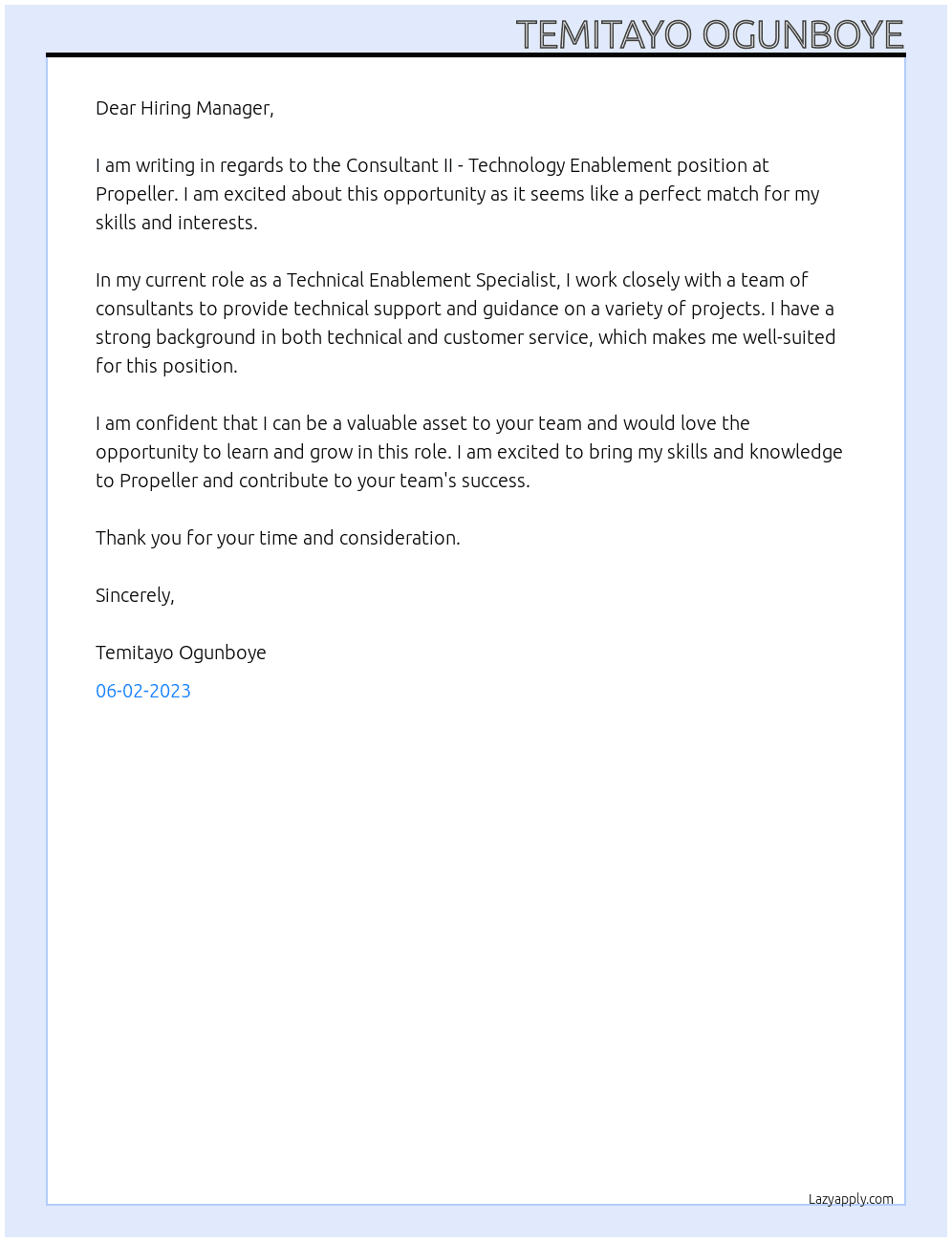 Consultant II - Technology Enablement At Propeller Cover Letter