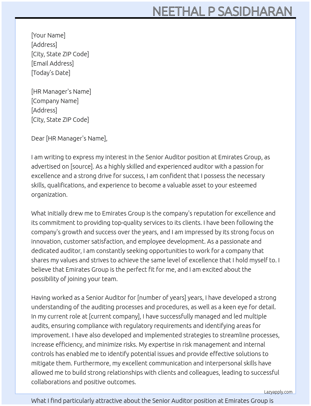 Senior Auditor  At Emirates Group Cover Letter