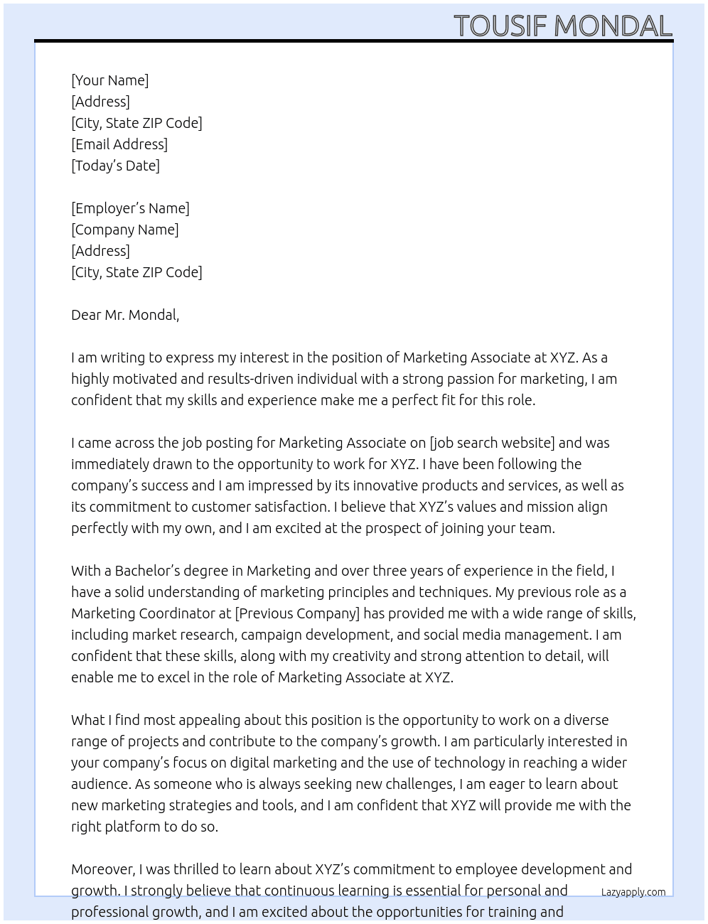 Marketing Associate At XYZ Cover Letter