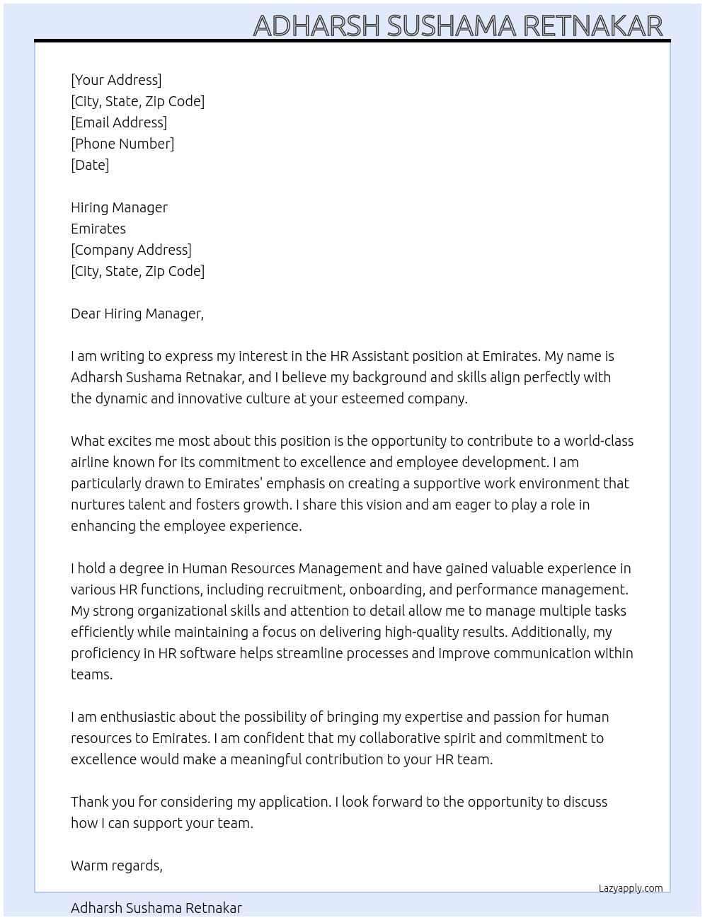 Hr assistant  At Emirates  Cover Letter