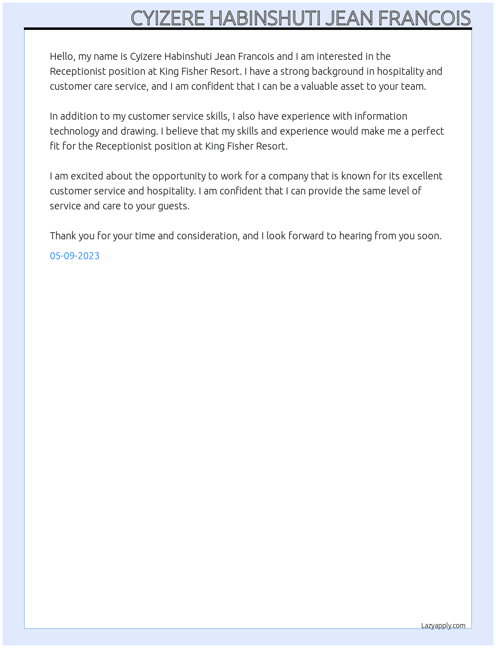 Receptionist At king Fisher resort Cover Letter