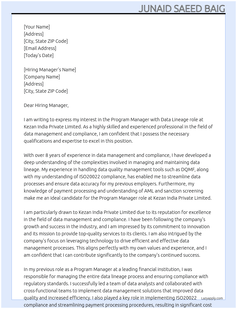 Program Manager with Data Lineage At Kezan India Private Limited Cover Letter