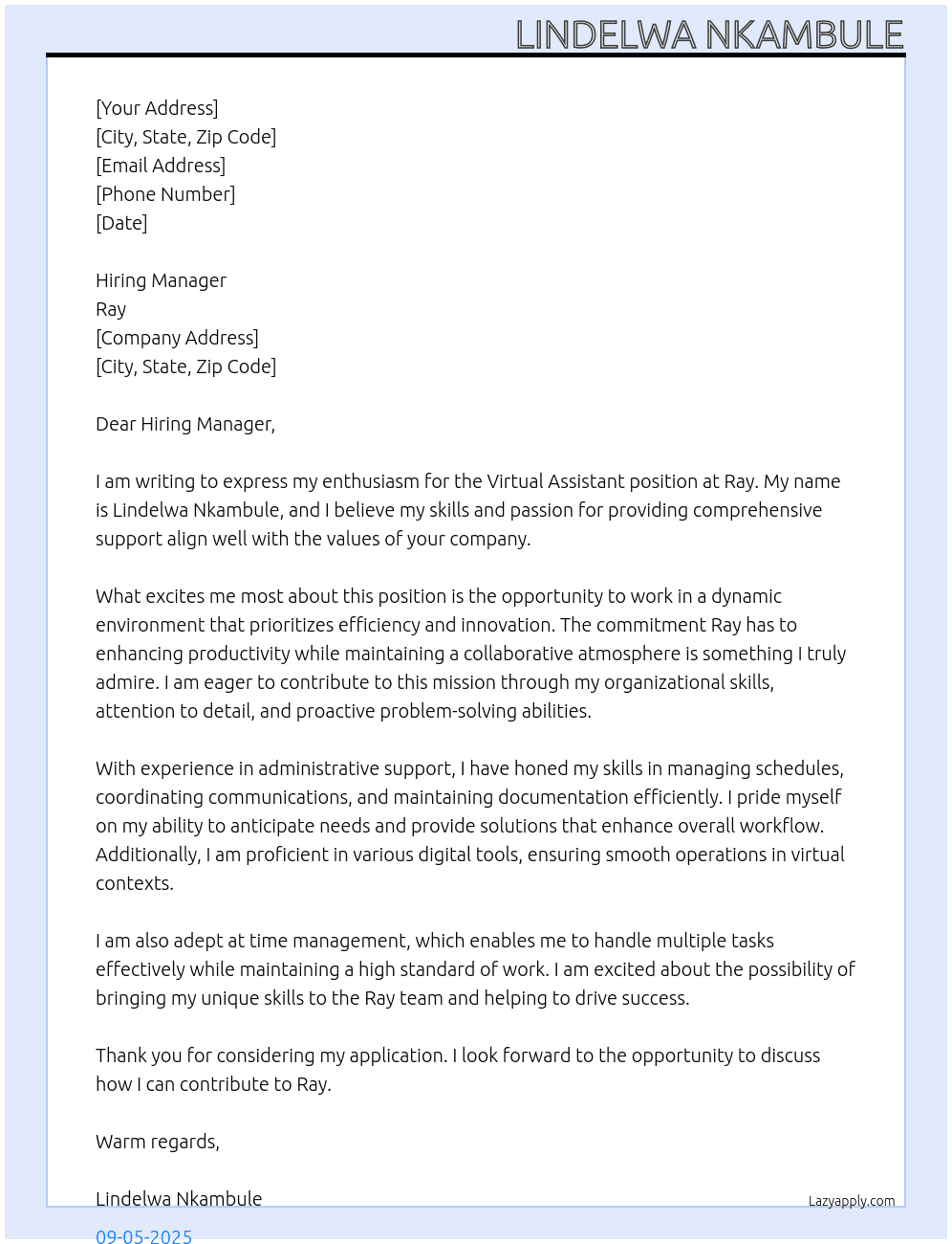 VIRTUAL ASSISTANT At Ray Cover Letter