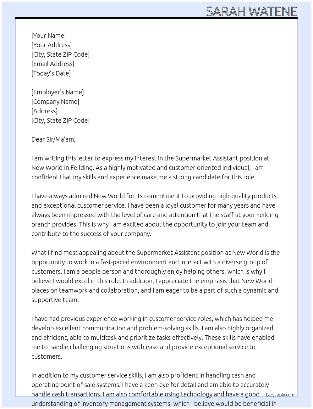 Supermarket Assistant At New Wold Cover Letter