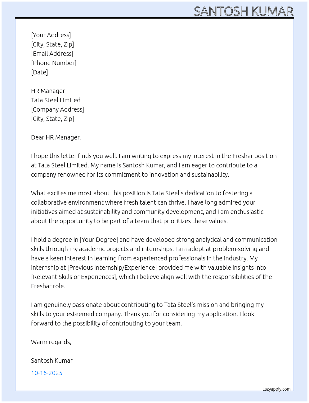 Freshar At Tata Steel Limited Cover Letter