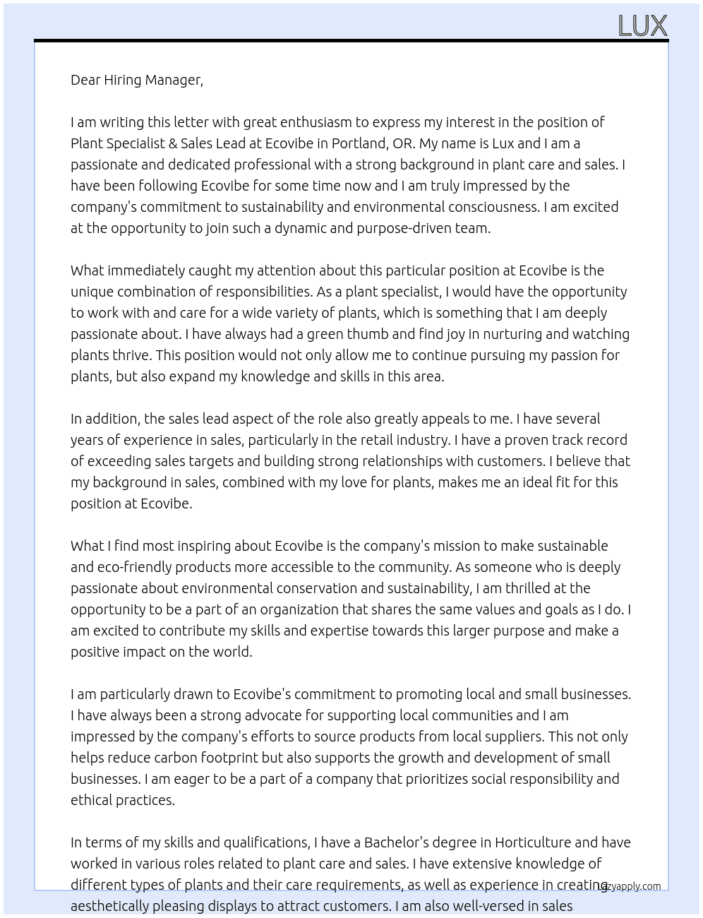 Plant Specialist & Sales Lead At Ecovibe  Cover Letter