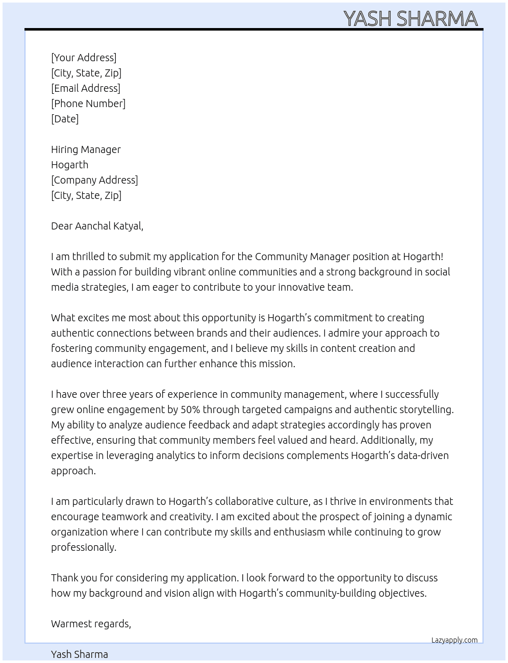 Community Manager At Hogarth  Cover Letter