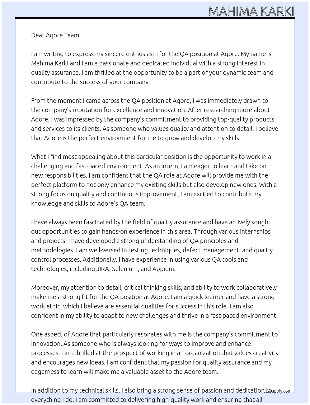 QA At Aqore  Cover Letter