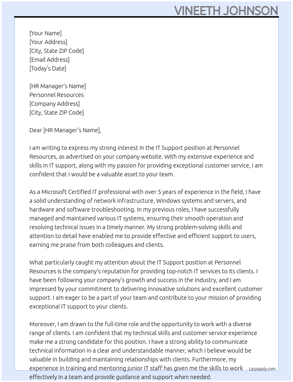 IT support At Personnel Resources Cover Letter
