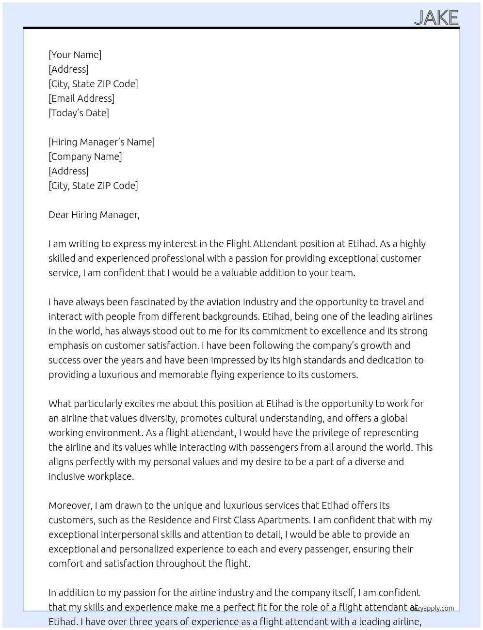 flight attendant At Eithad Cover Letter