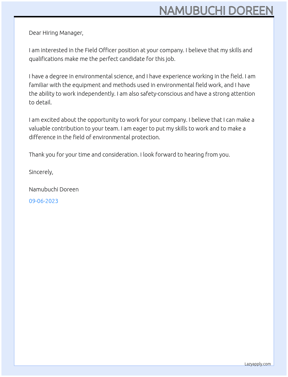 Field officer At Give directly Cover Letter