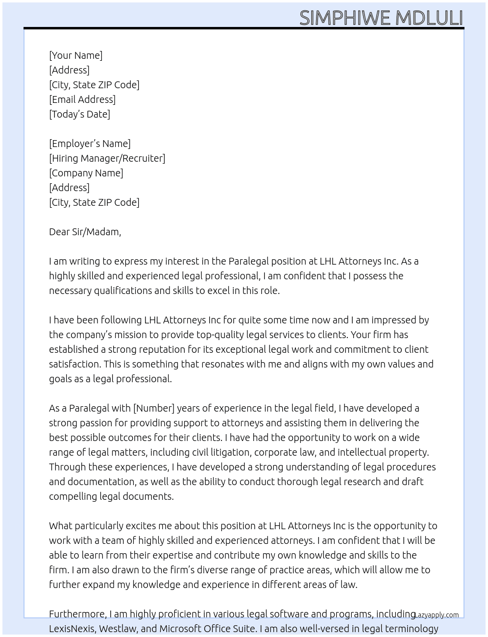 Paralegal At LHL Attorneys Inc Cover Letter