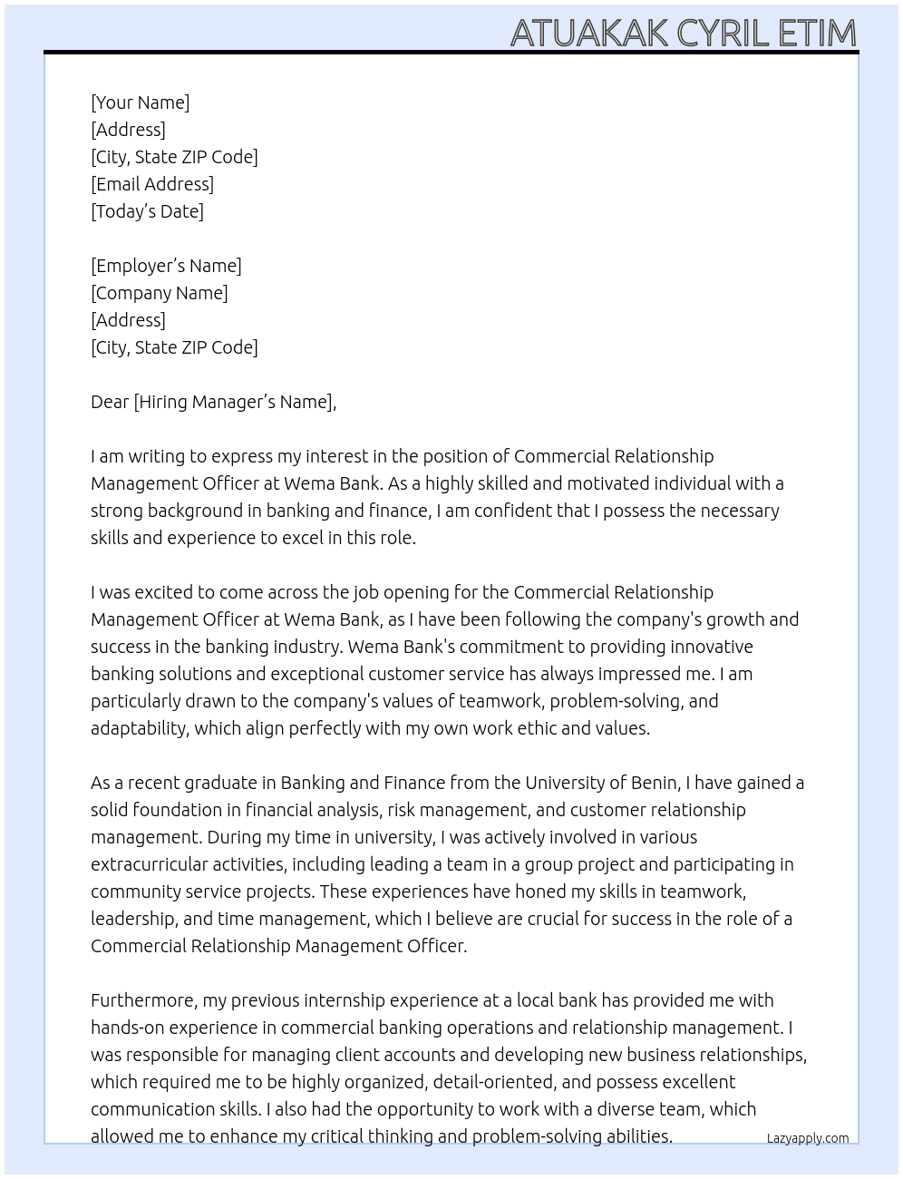 Commercial Relationship Management Officer At Wema Bank Cover Letter