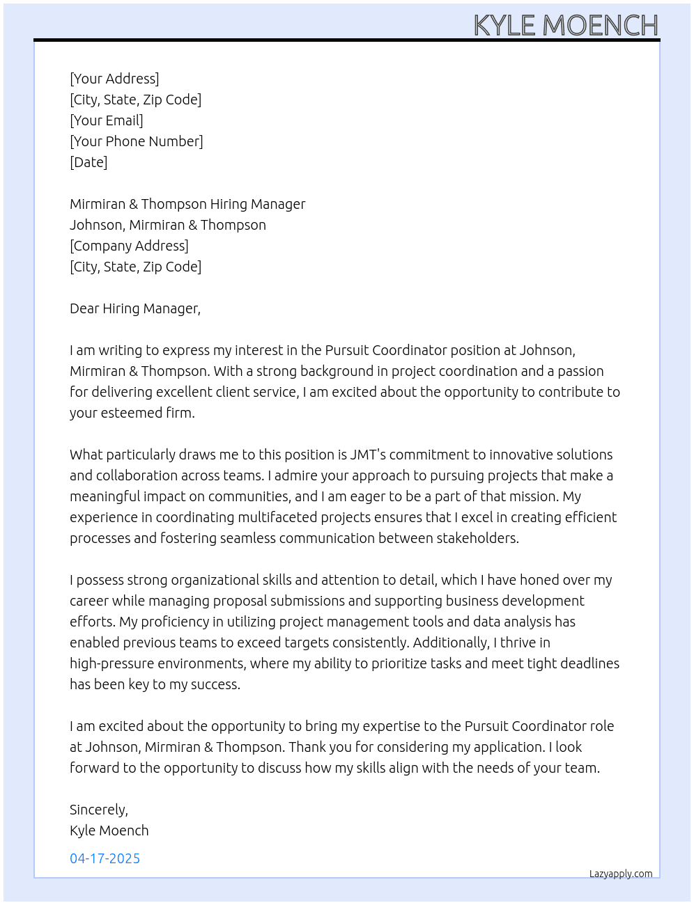 Cover letter for pursuit coordinator - LazyApply