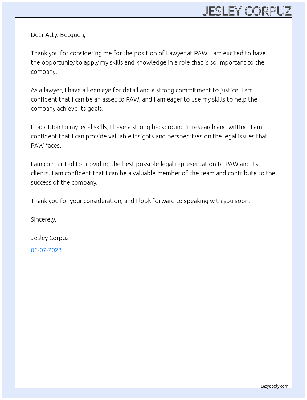 Lawyee At PAW Cover Letter