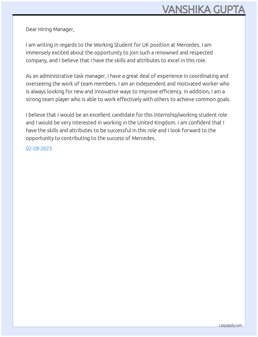 Working Student for UK At Mercedes Cover Letter