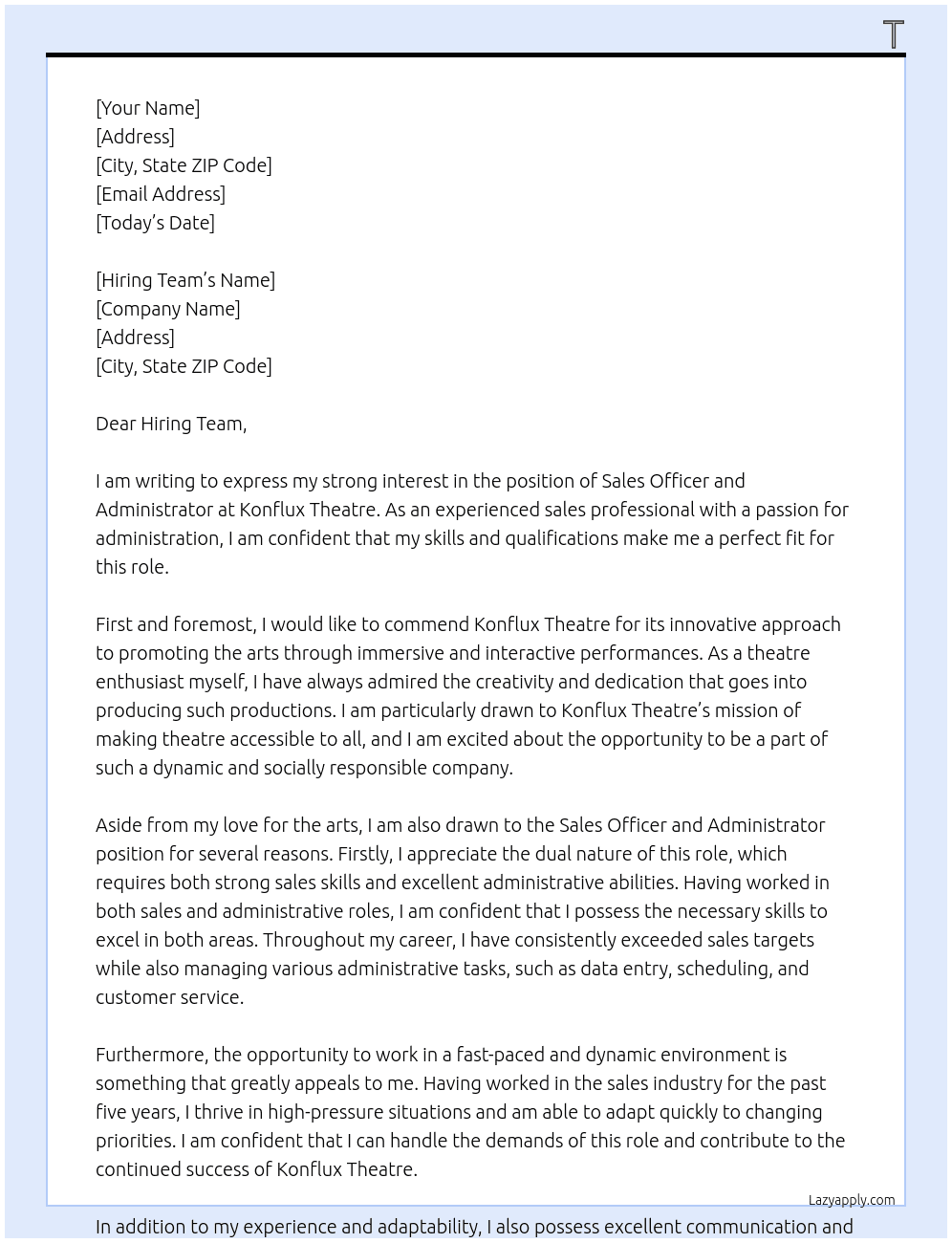 Sales Officer and Administrator  At Konflux Theatre Cover Letter