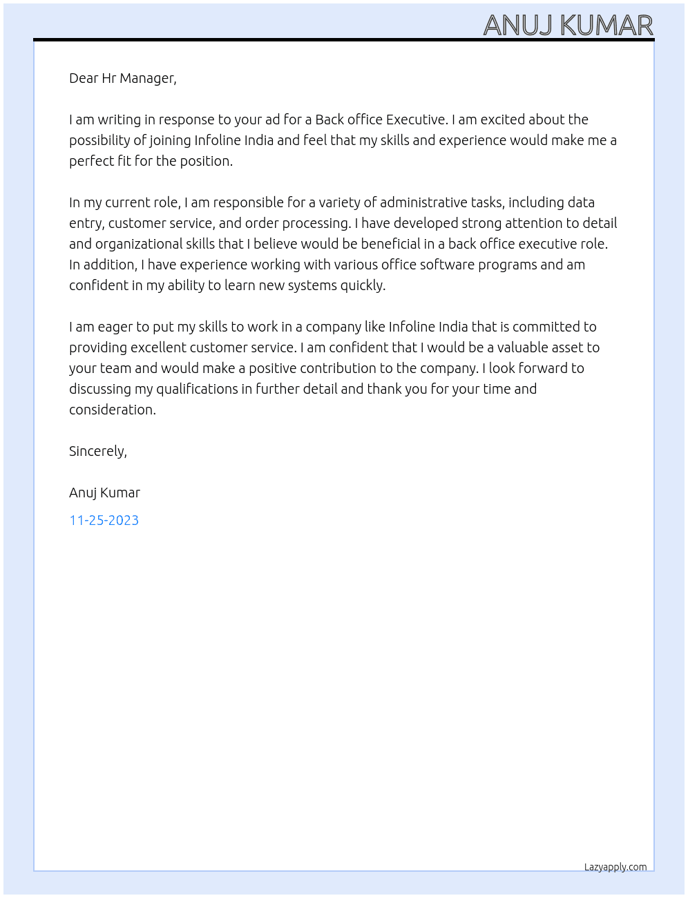 Back office Executive  At INFOLINE INDIA Cover Letter