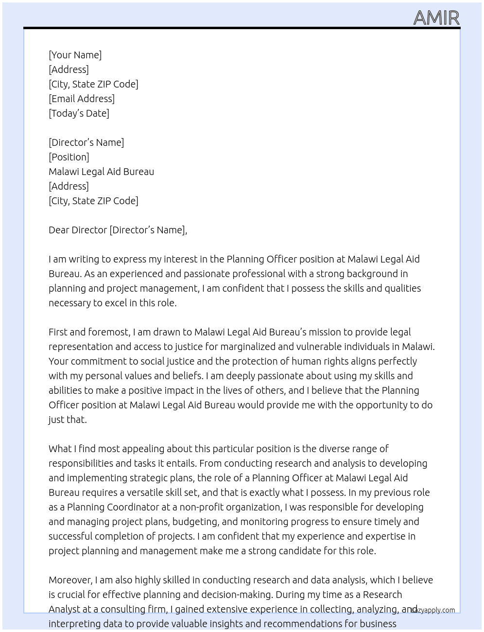Planning officer  At Malawi legal Aid Bureau  Cover Letter