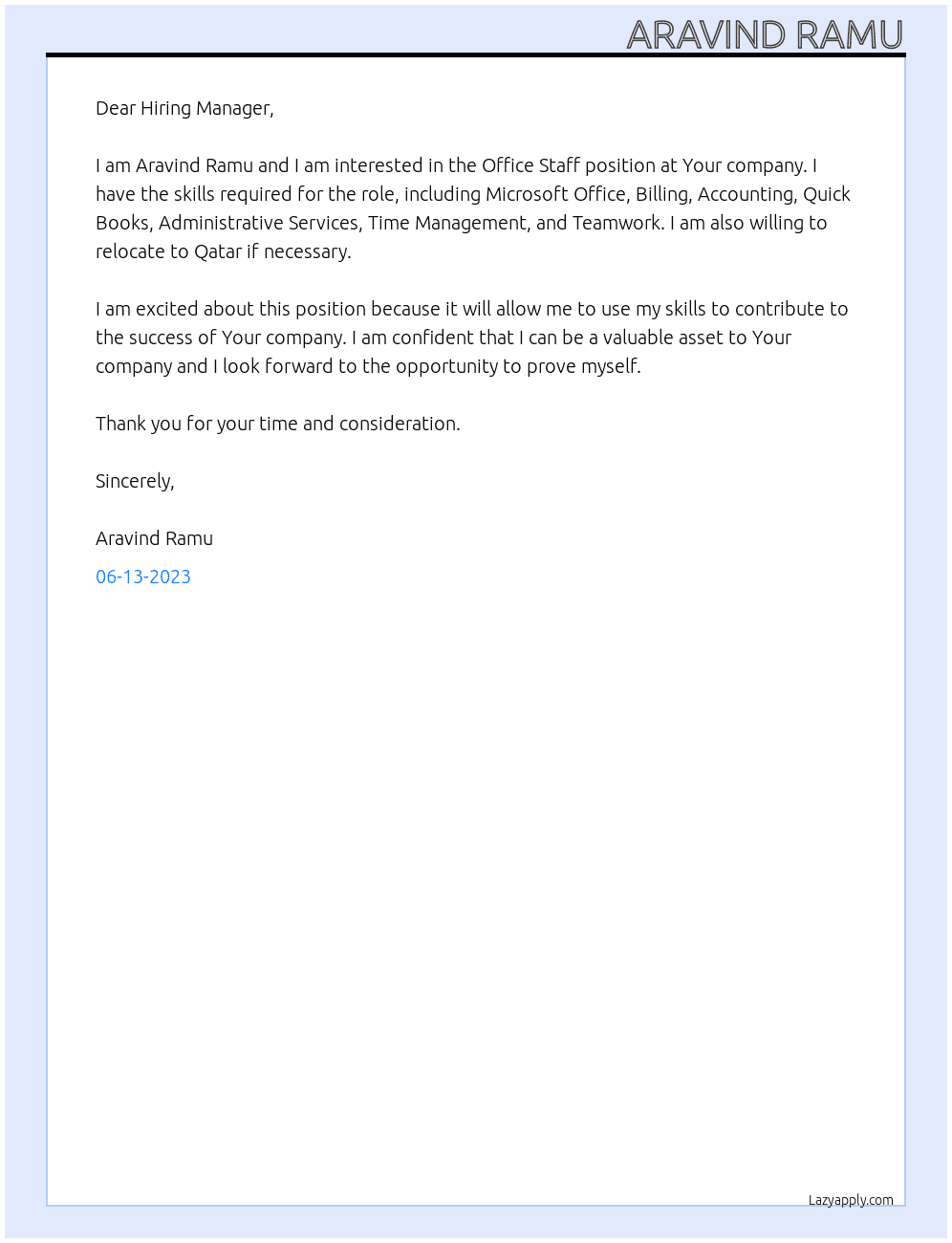 Office Staff At Your company  Cover Letter