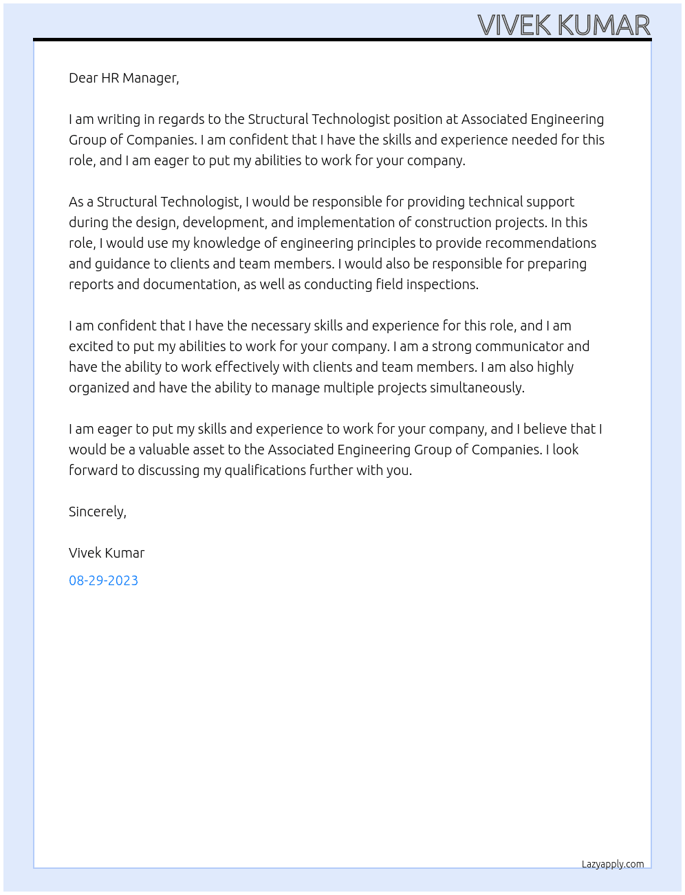 Structural Technologist At Associated Engineering Group of Companies Cover Letter