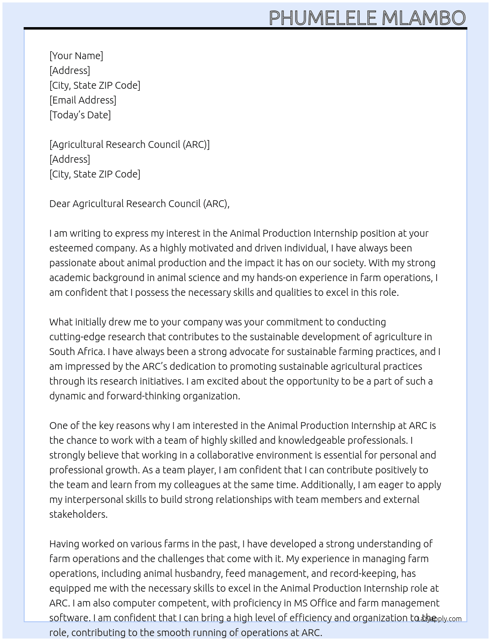 Animal Production Internship  At Agricultural research council Cover Letter