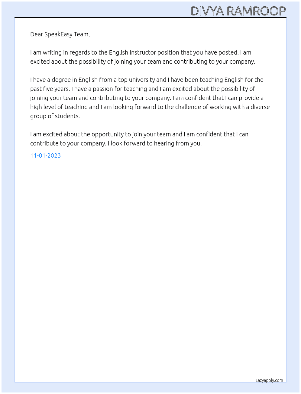 English Instructor At Speakeasy Cover Letter
