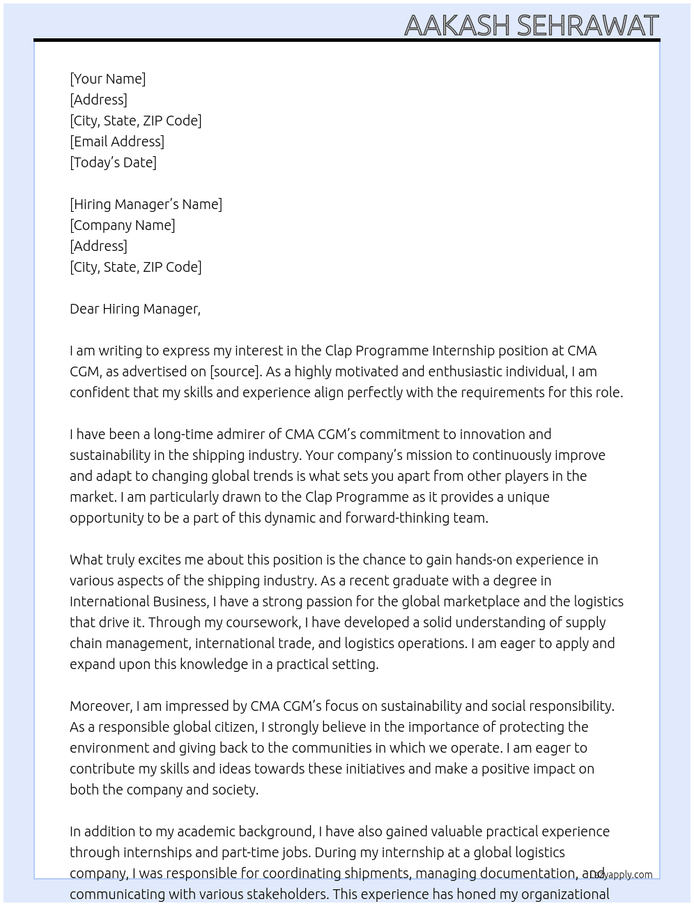 clap programme internship At CMA CGM Cover Letter