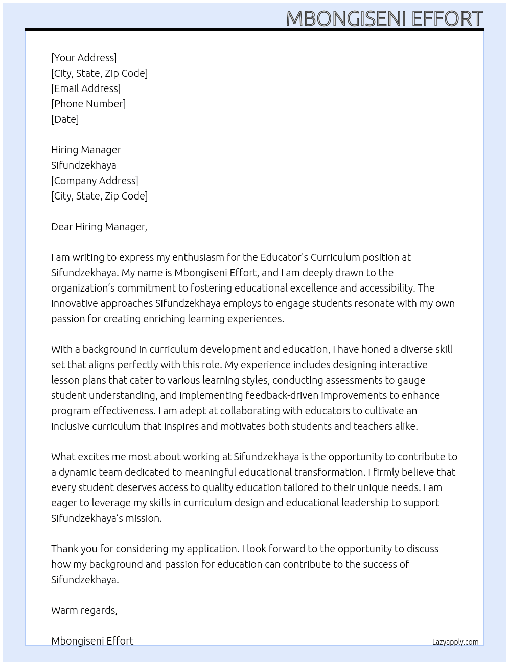 Cover letter for educator's curriculum - LazyApply
