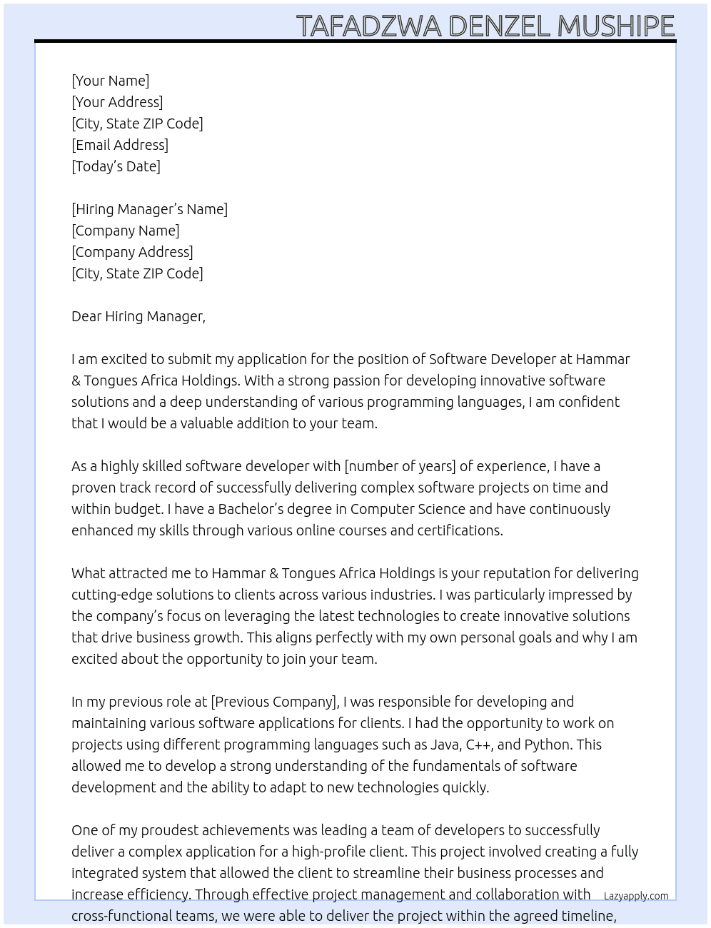 Software Developer At Hammar & Tongues Africa Holdings Cover Letter