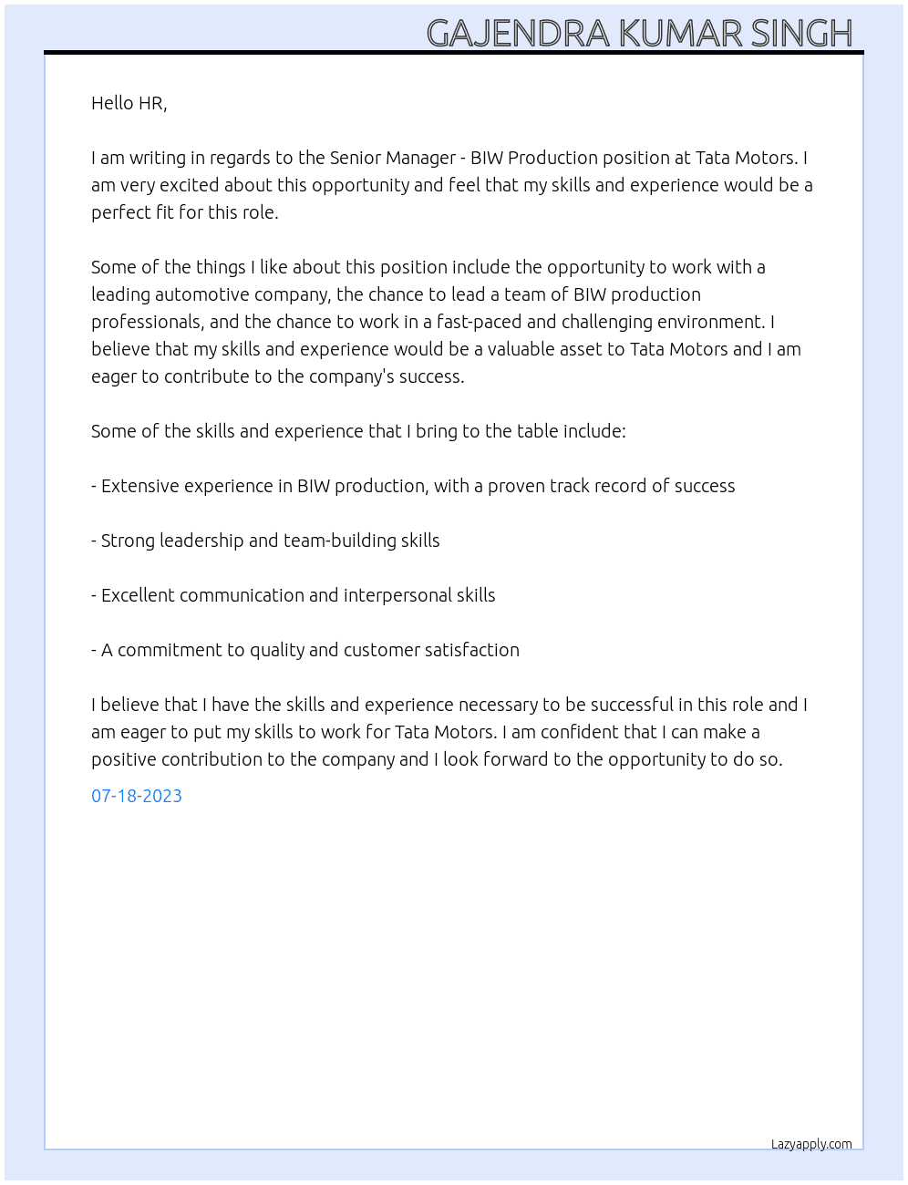 Senior Manager - BIW Production At Tata moter  Cover Letter