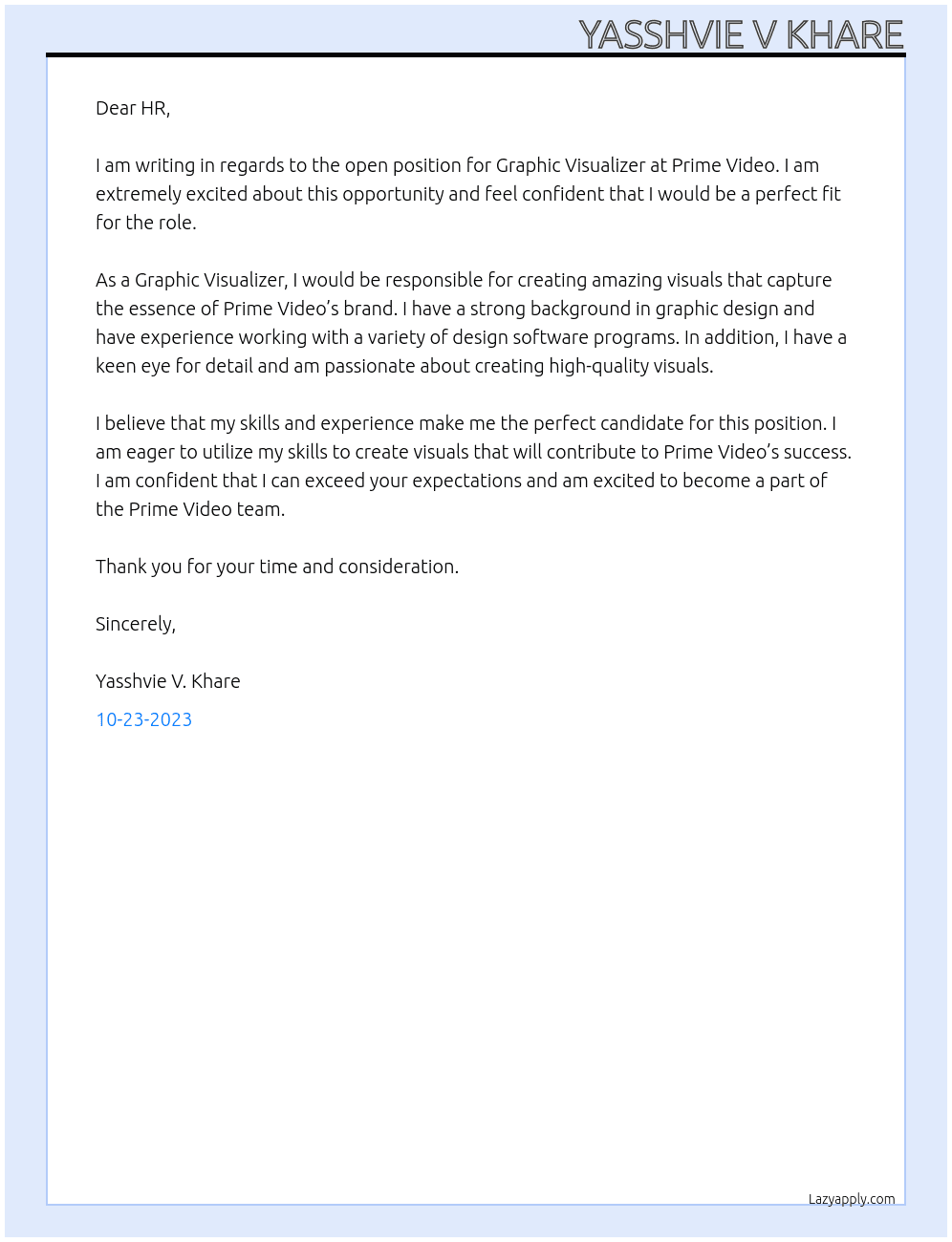 Graphic visualizer At prime video Cover Letter