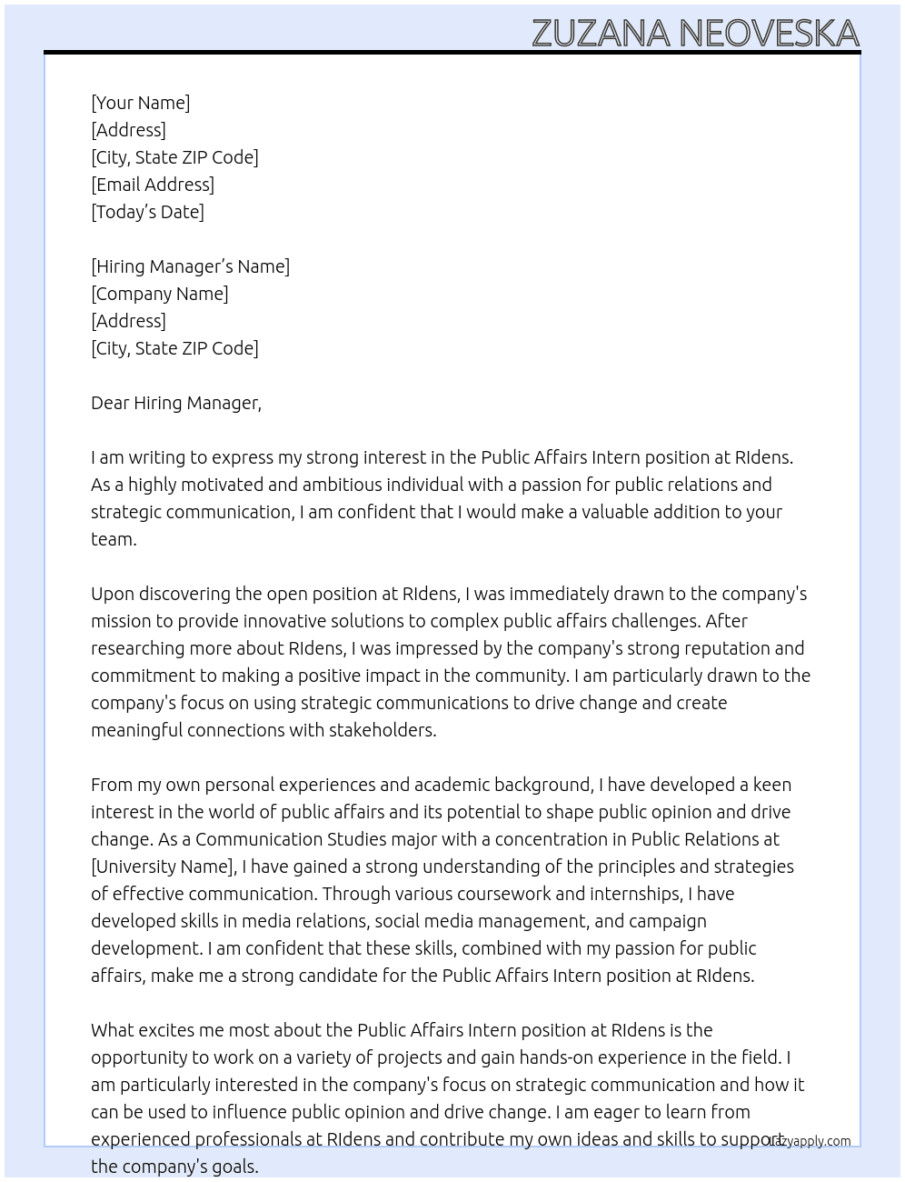 Public Affairs Intern At RIdens Cover Letter