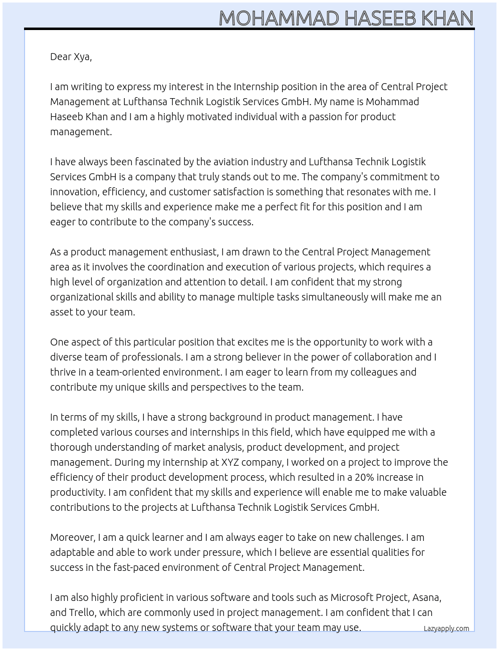 Internship in the area of ​​central project management At Lufthansa Technik Logistik Services GmbH Cover Letter