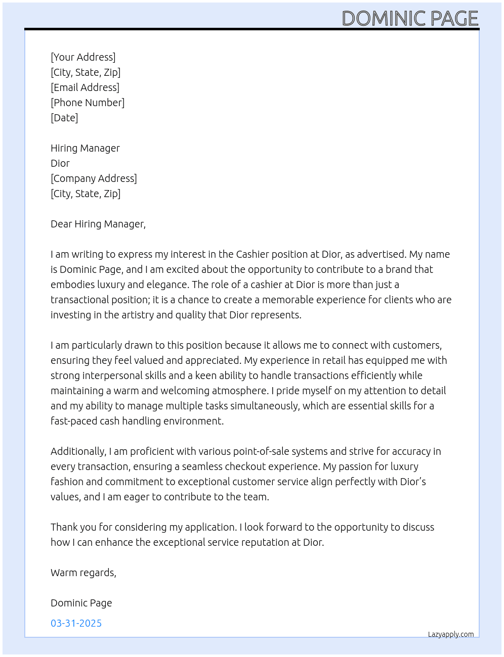 cashier At dior Cover Letter